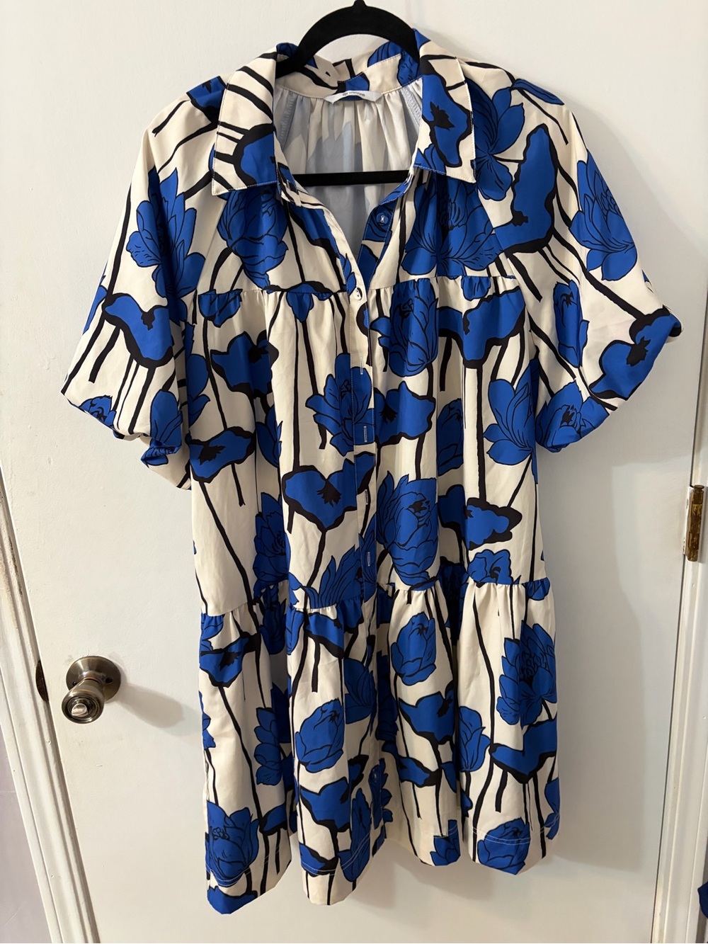 Blue Floral Tiered Mini Dress with Button Front